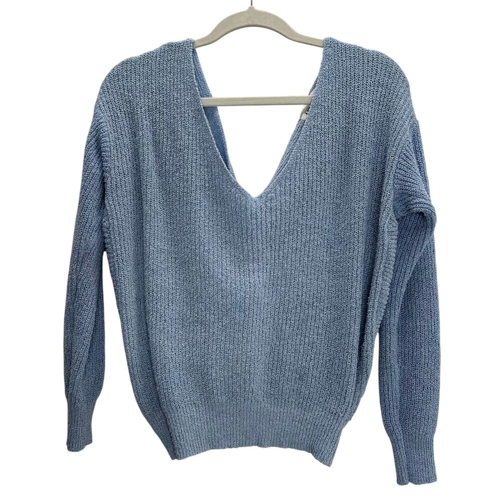 Line and dot blue crop sweater twist back XS sexy v neck long sleeve